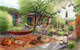 Hamac et terrasse en bois, jardin avec décoration colorée